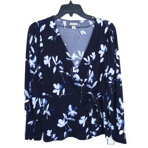 Sam and Jess Faux Wrap Tiered Floral Pullover Long Sleeve Top Navy Sz S NWT